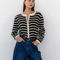Clara Striped Knit Zip Closure Cardigan, Black/Cream - The Bekk