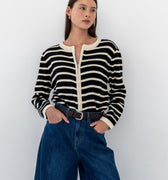Clara Striped Knit Zip Closure Cardigan, Black/Cream - The Bekk