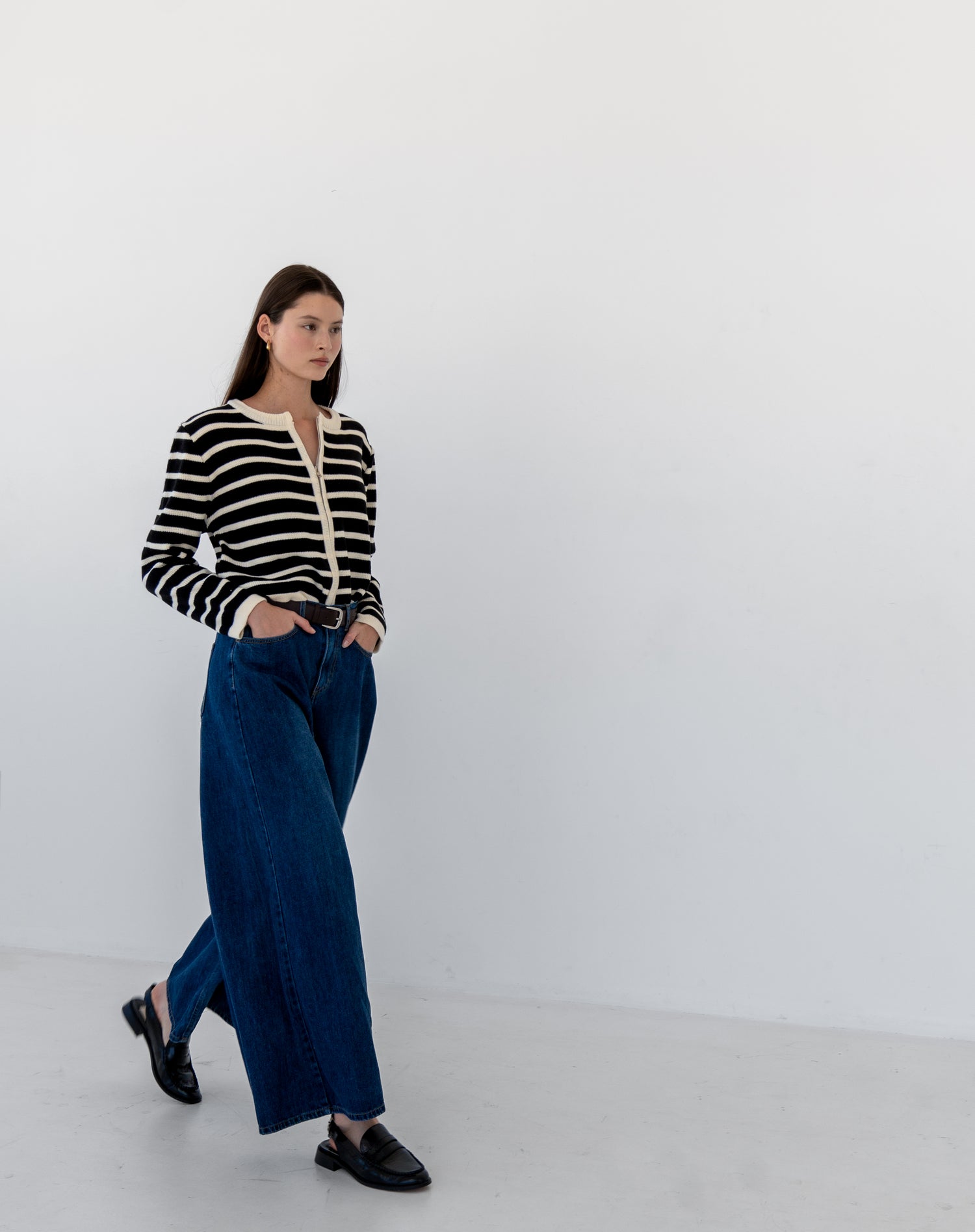 Clara Striped Knit Zip Closure Cardigan, Black Cream