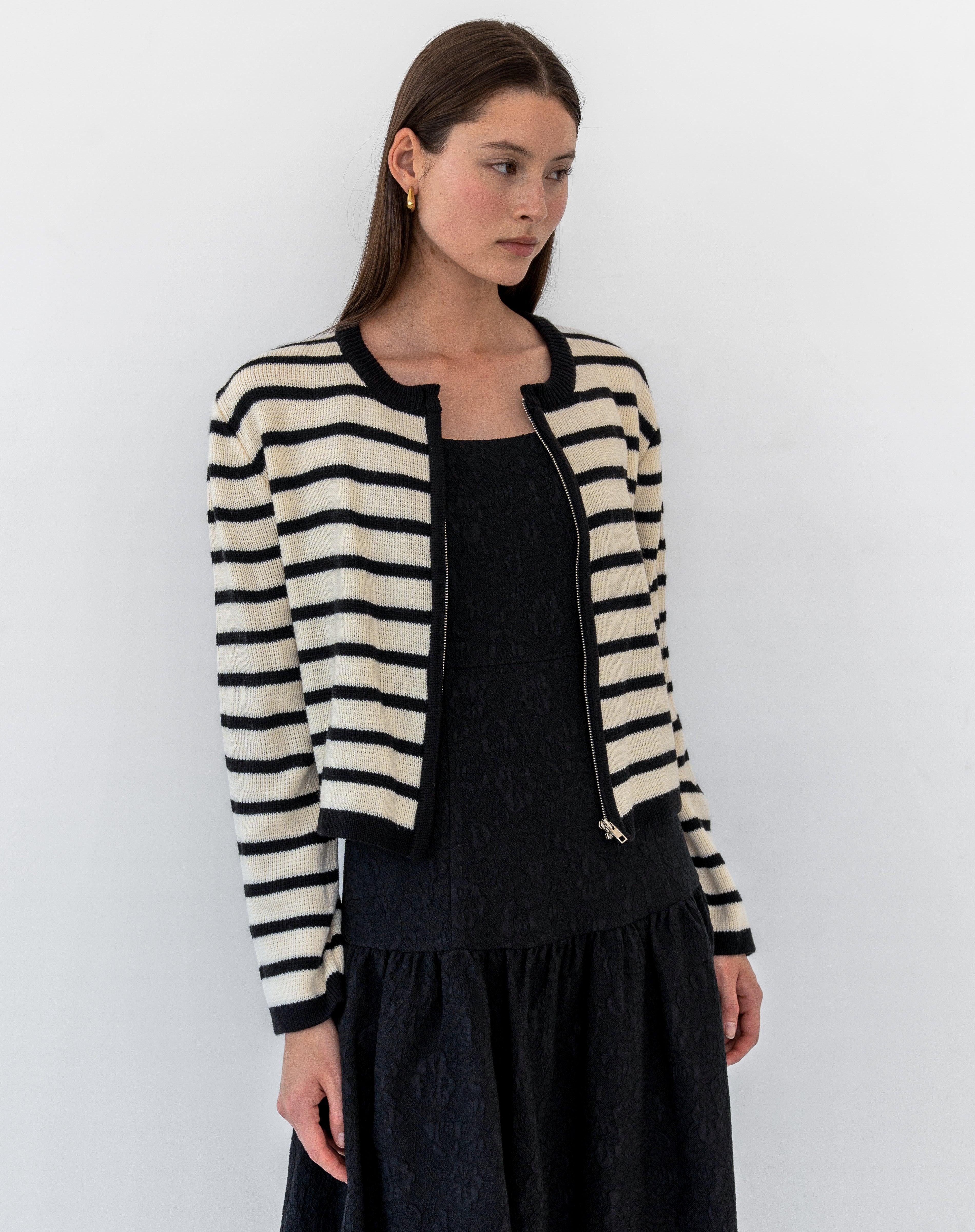 Clara Striped Knit Zip Closure Cardigan, Cream/Black - The Bekk