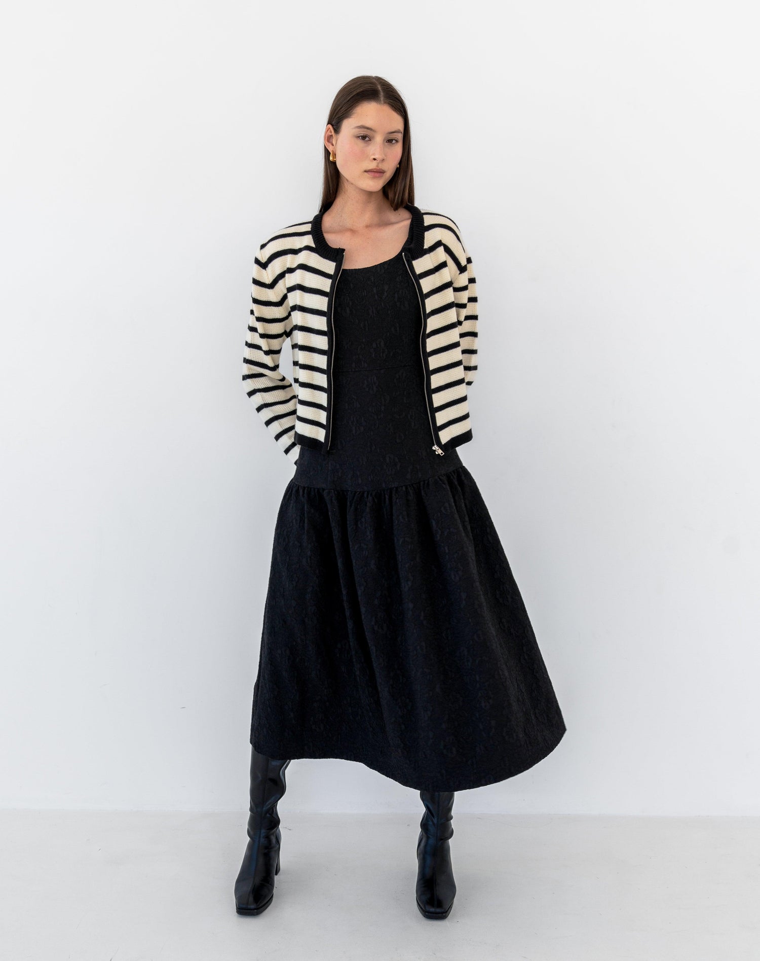 Clara Striped Knit Zip Closure Cardigan, Cream/Black - The Bekk