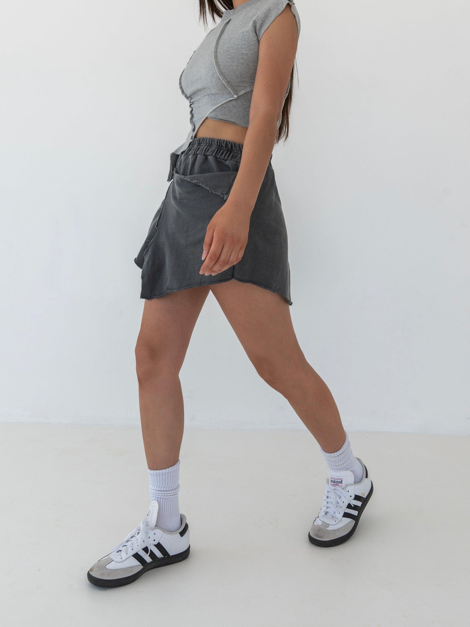 Max Asymmetrical Washed Terry Mini Skirt / Charcoal - The Bekk