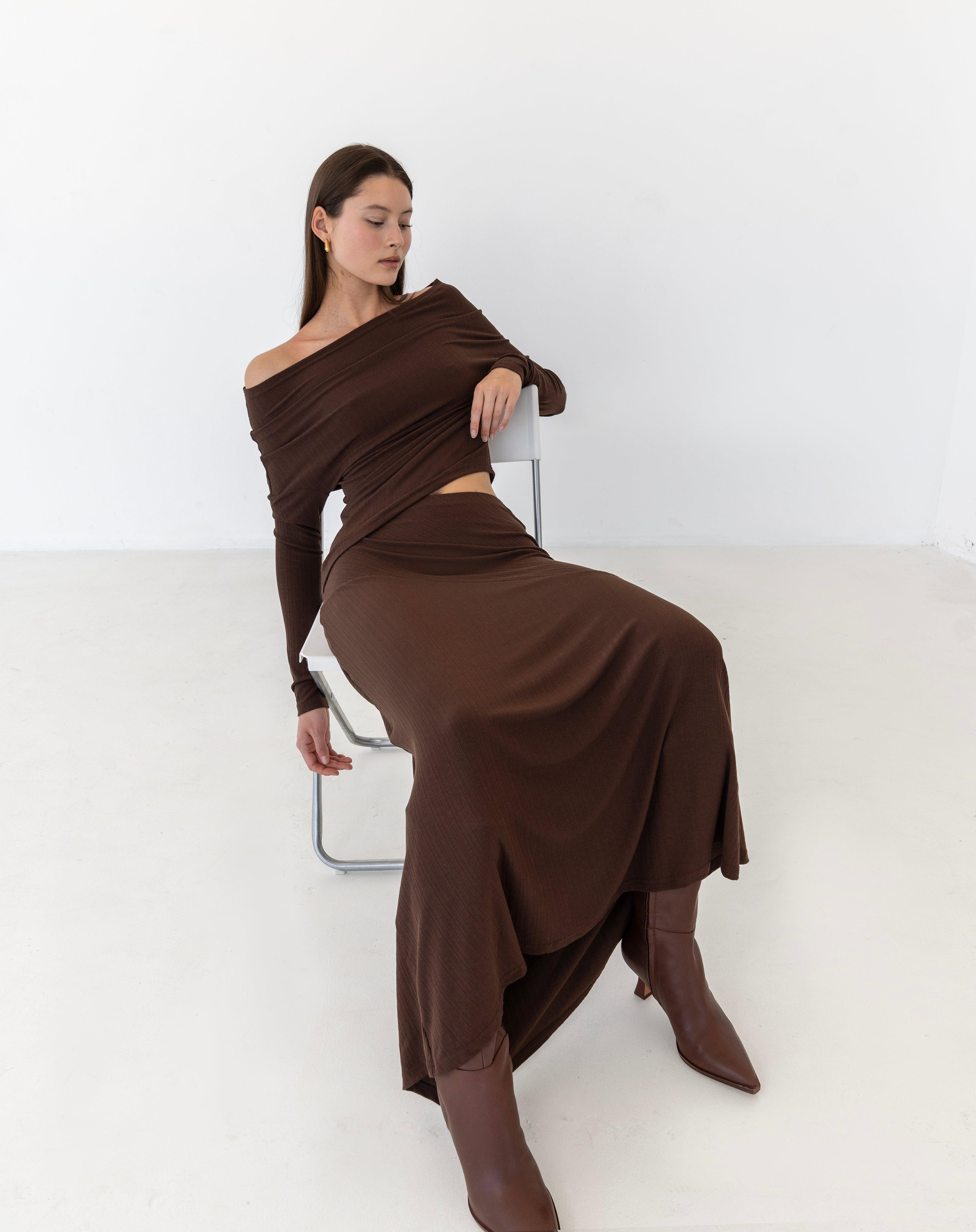 Millie Off Shoulder Jersey And Asymmetric Long Skirt Set, Brown - The Bekk