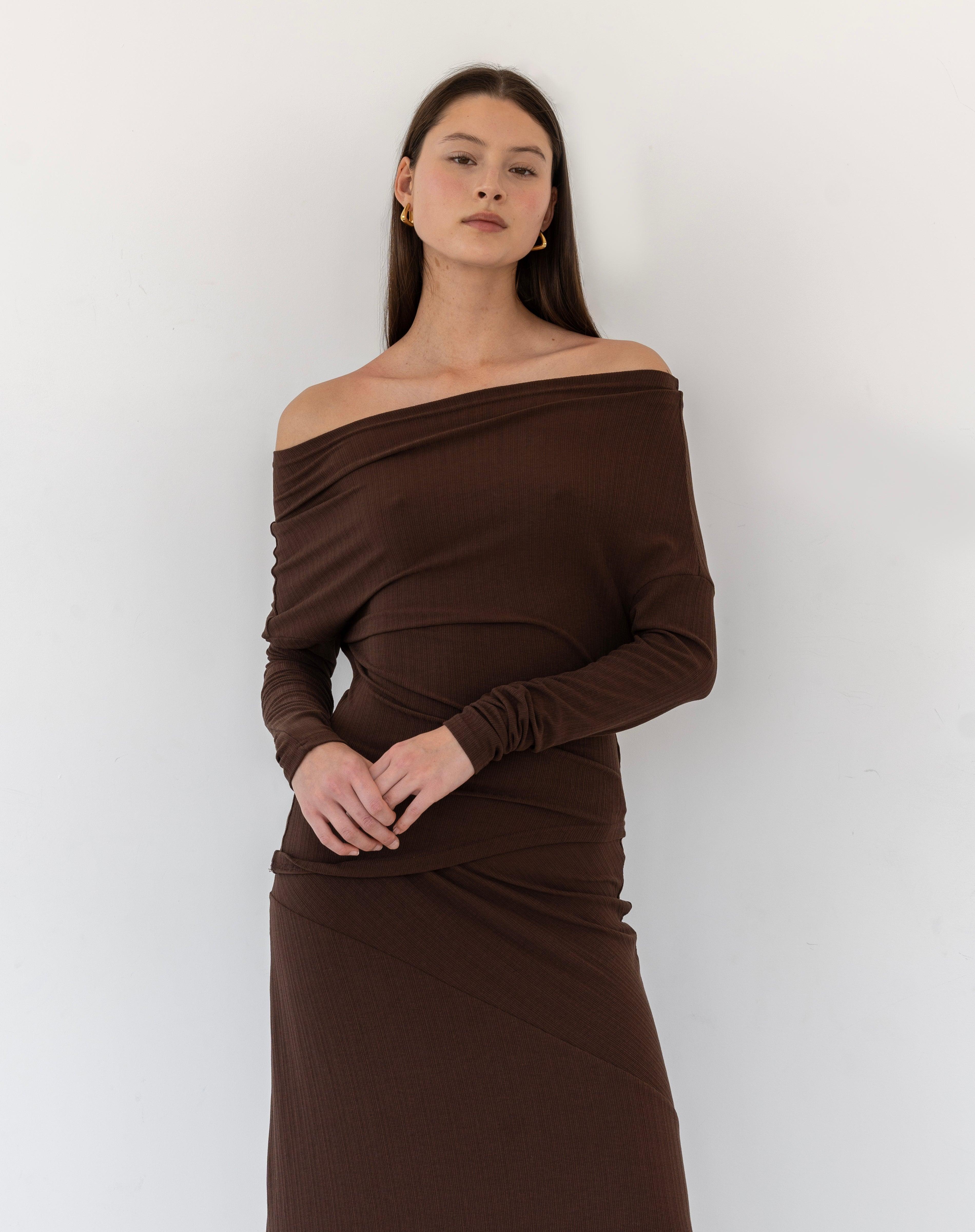 Millie Off Shoulder Jersey And Asymmetric Long Skirt Set, Brown - The Bekk