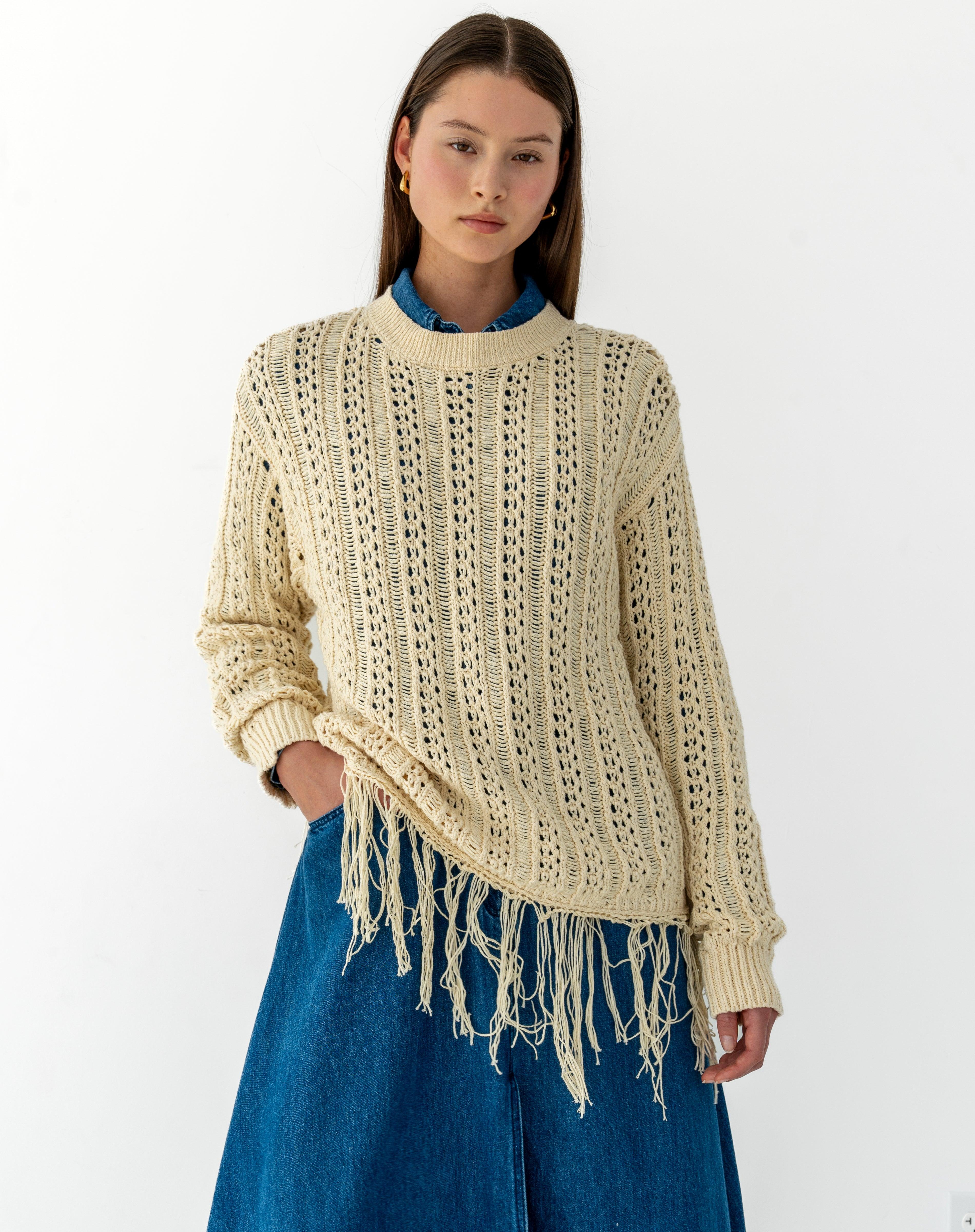 Taylor Fringe Hem Oversized Knit Sweater, Ivory – The Bekk
