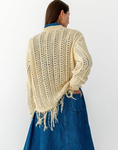 Taylor Fringe Hem Oversized Knit Sweater, Ivory - The Bekk