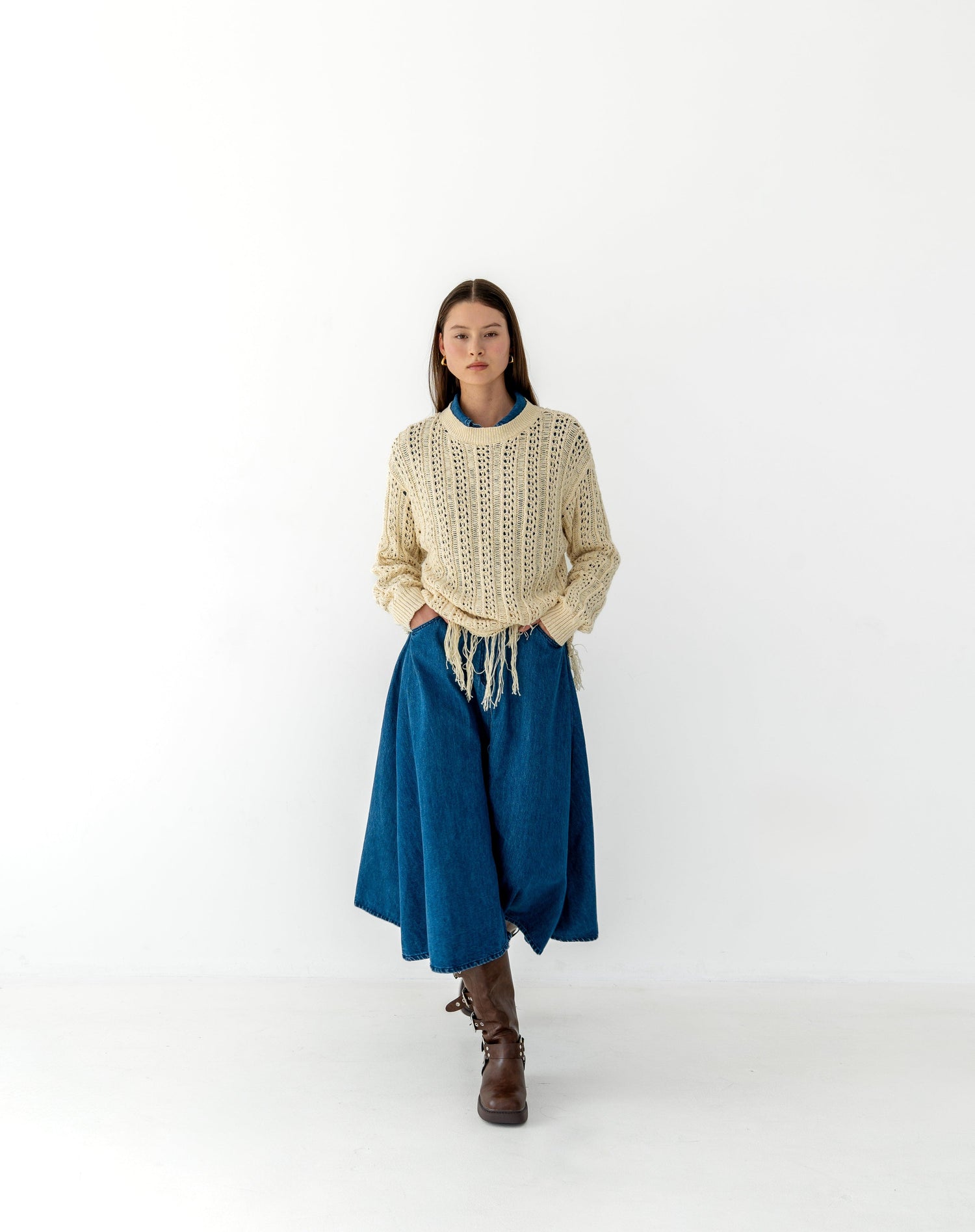 Taylor Fringe Hem Oversized Knit Sweater, Ivory - The Bekk