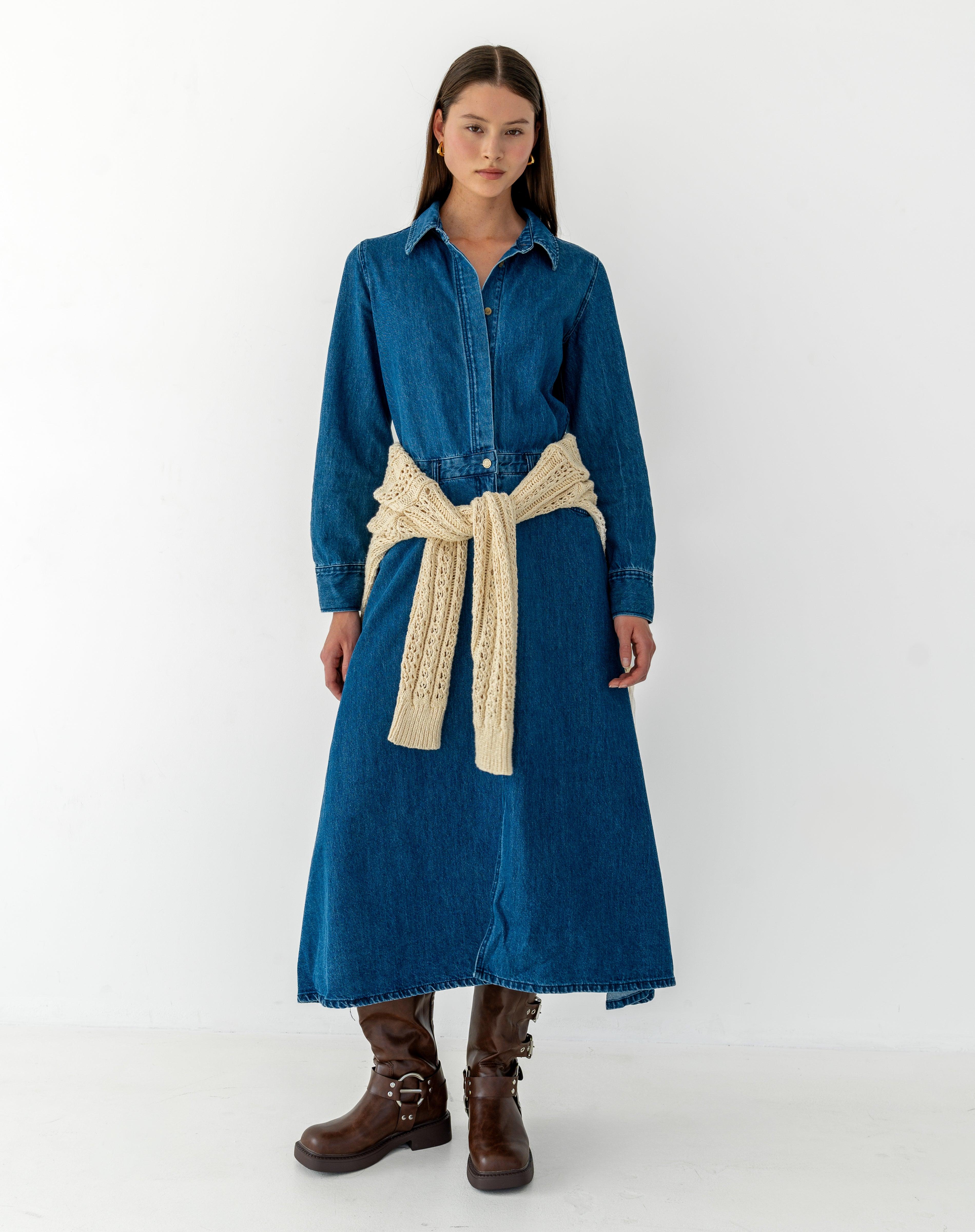 Zia Denim Midi Shirt Dress, Mid Wash - The Bekk