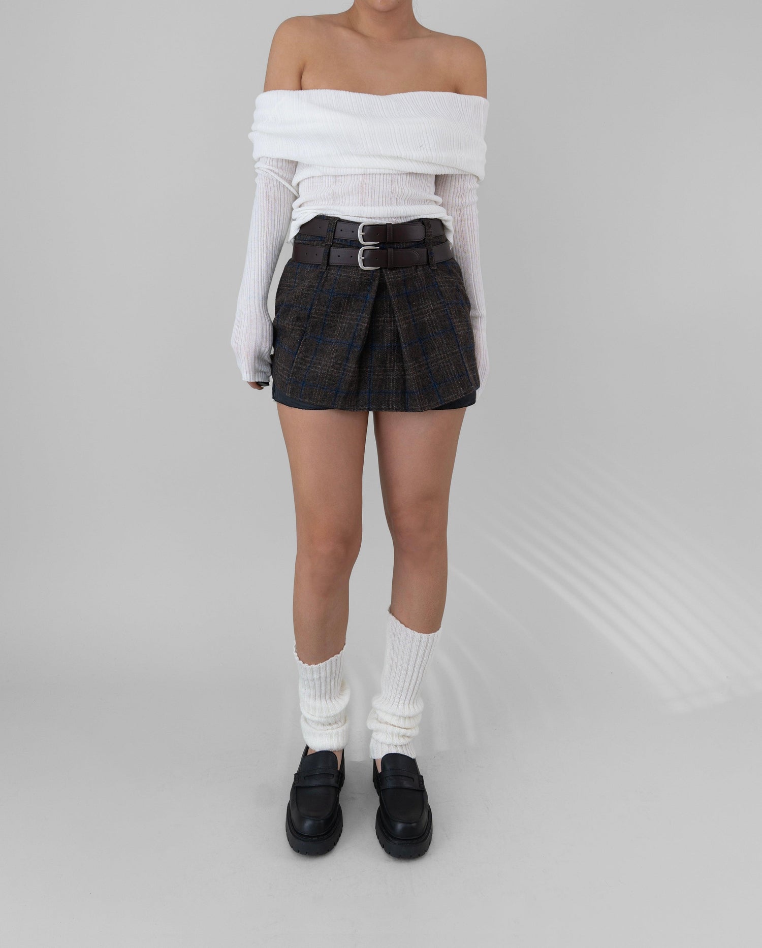 Rohan Double Belted Plaid Mini Skirt / Dark Brown - The Bekk