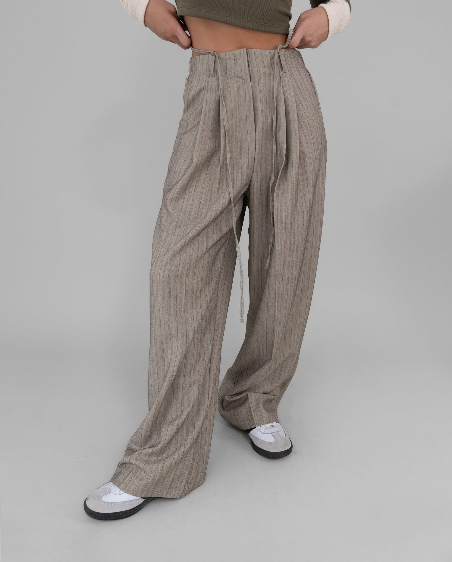 Rian Strap Waist Wide Leg Pin Striped Pants / Taupe - The Bekk