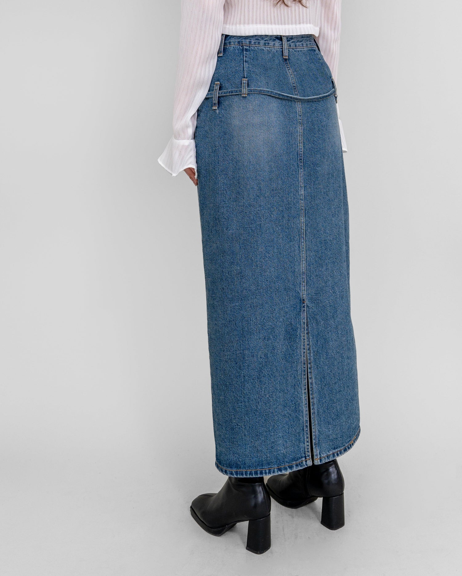 Myra Double Belt Loop Denim Long Skirt / Mid Wash - The Bekk